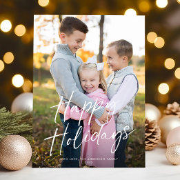 Modern Chic Script Happy Holidays One Photo Holiday Card