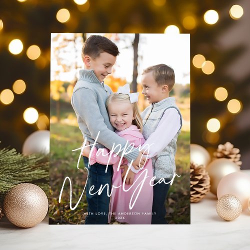 Modern Chic Script Happy New Year One Photo Holiday Card