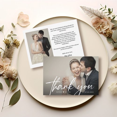 Modern Chic Script Heart Wedding Photo Thank You Card