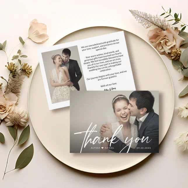Modern Chic Script Heart Wedding Photo Thank You Card | Zazzle