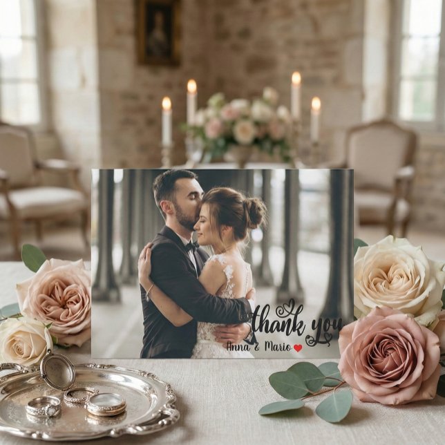 Modern Chic Script Love Heart Wedding Photo Thank You Card (Creator Uploaded)