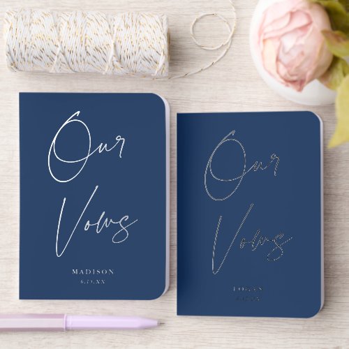 Modern Chic Script Our Vows Wedding Navy Silver Foil Vow Books