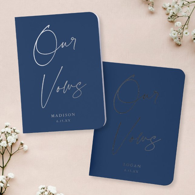Modern Chic Script Our Vows Wedding Navy Silver Foil Vow Books (Creator Uploaded)
