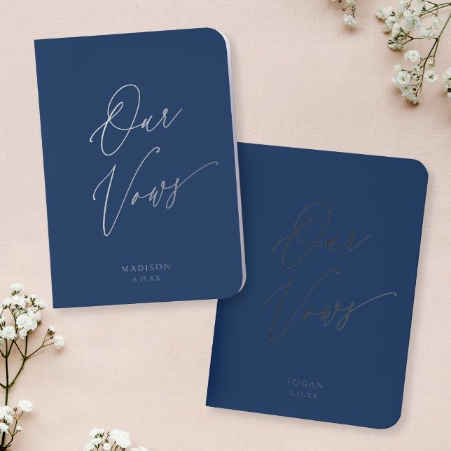 Modern Chic Script Our Vows Wedding Navy Silver Foil Vow Books (Creator Uploaded)