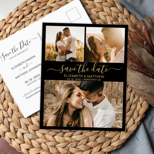 Modern Chic Script Photo Collage Save The Date Announcement Postcard ...