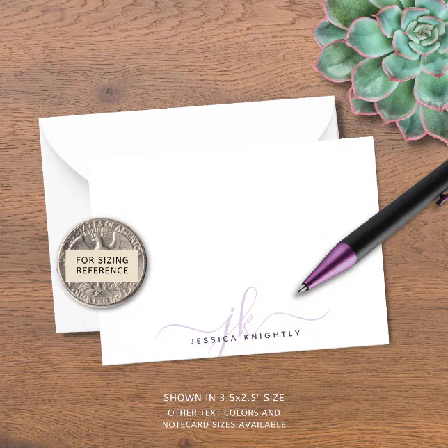 Modern Chic Script Purple Monogram Initials Note Card | Zazzle