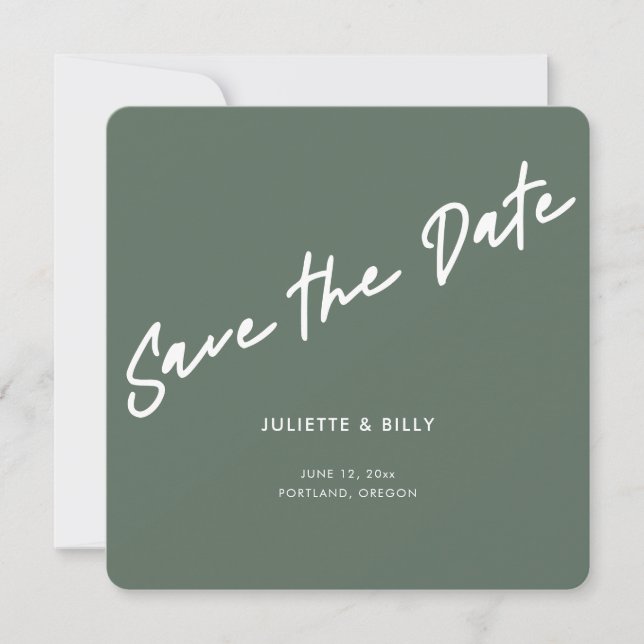 Modern Chic Script Sage Green Square Save The Date (Front)