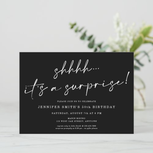 Modern Chic Script Shhhh Surprise Birthday Party  Invitation