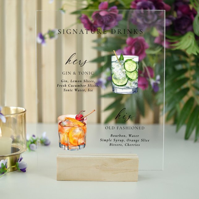 Modern & Chic Script Signature Drinks Cocktail Acrylic Sign (Creator Uploaded)