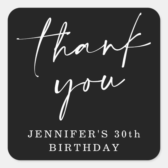 Modern Chic Script Thank You Birthday Party Favor Square Sticker (Front)