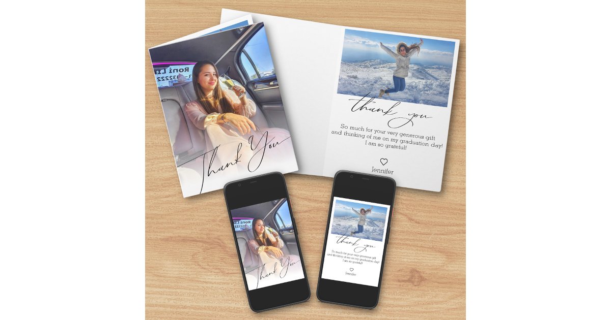 modern chic script thank you graduation 2 photos card | Zazzle