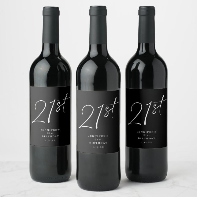 Modern Chic Script Twenty-One 21st Birthday Party Wine Label (Bottles)