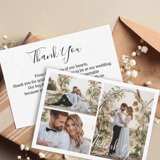 modern chic script wedding 3 photo thank you note card (Creator Uploaded)