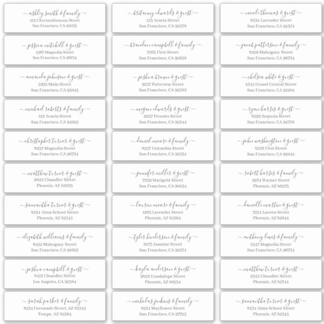 Modern Chic Script Wedding Guest Names Address Sticker (Front)