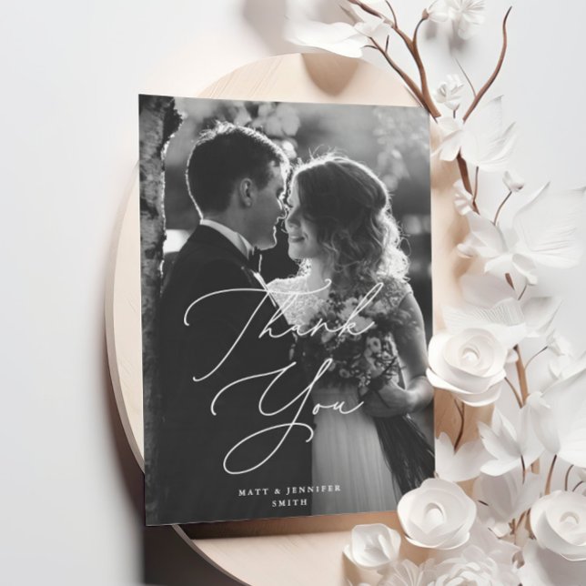 Modern Chic Script Wedding Photo Thank You Card (Creator Uploaded)