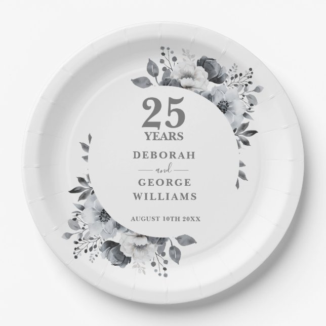 Modern Chic Silver 25th Wedding Anniversary Paper Plates (Front)