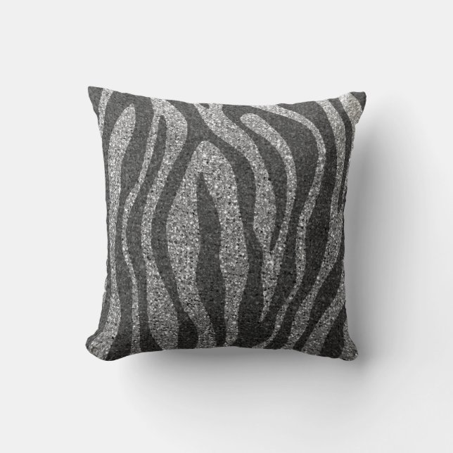Modern Chic Silver and Black Glitter Animal Print Throw Pillow (Front)