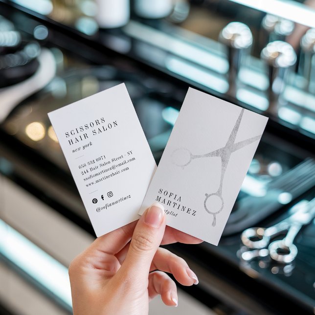 Modern chic silver foil hairstylist scissors logo business card (Modern chic silver foil hairstylist scissors logo)