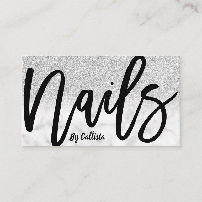 Modern Chic Silver Glitter Marble Nail Technician Business Card (Front)