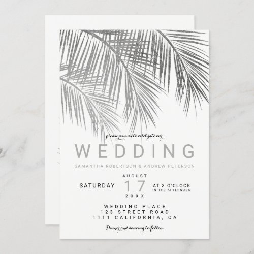 Modern chic silver palm tree elegant wedding invitation