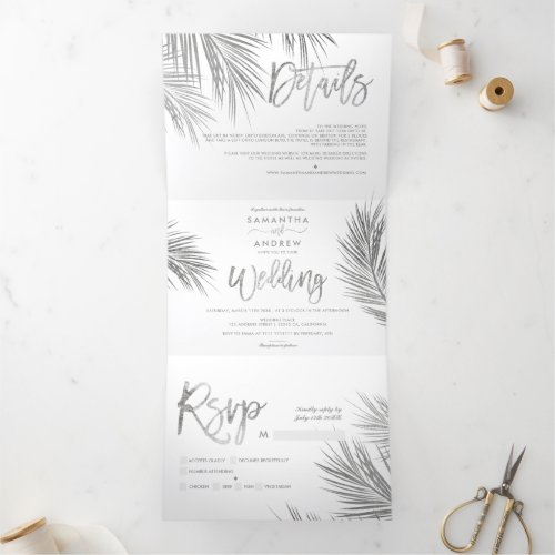 Modern chic silver palm tree elegant wedding Tri_Fold invitation