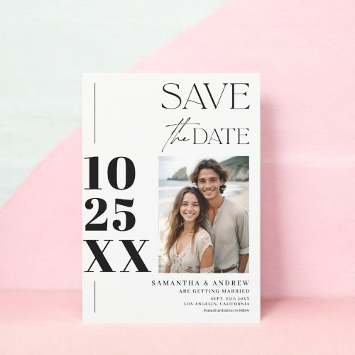 Modern chic simple bold script black white wedding save the date