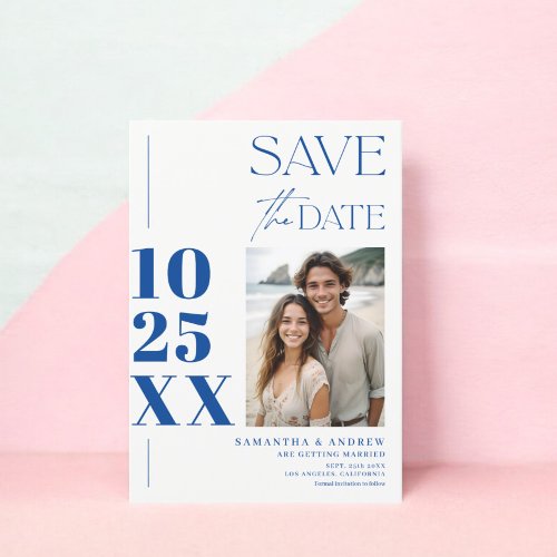 Modern chic simple bold script blue white wedding save the date