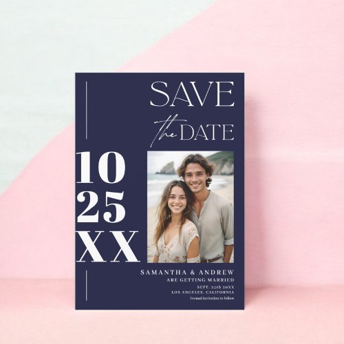 Modern chic simple bold script navy blue wedding save the date