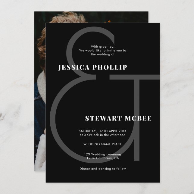 Modern Chic Simple Photo Black and White Wedding Invitation (Front/Back)