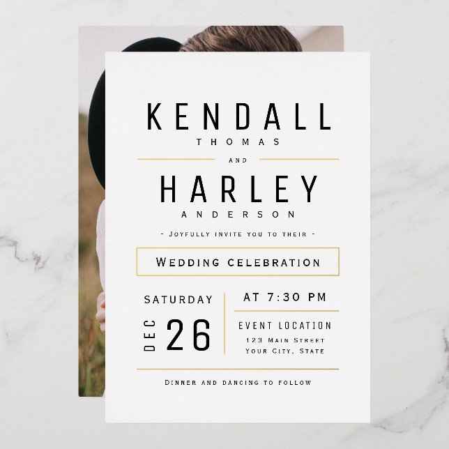 Modern Chic Simple Typography Photo Wedding Foil Invitation (Front/Back)