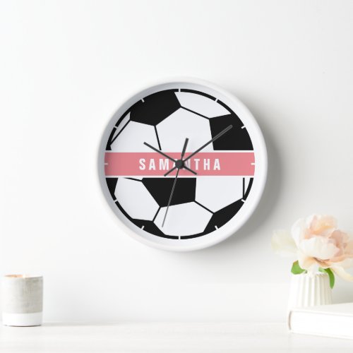 Modern Chic Soccer Ball Girly Pink Sports Monogram Clock