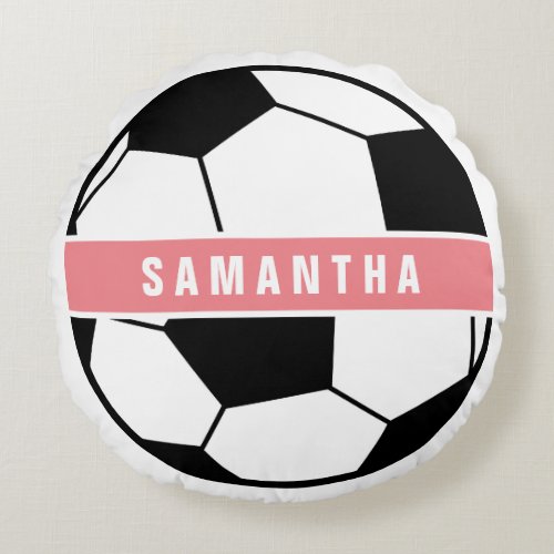 Modern Chic Soccer Ball Girly Pink Sports Monogram Round Pillow