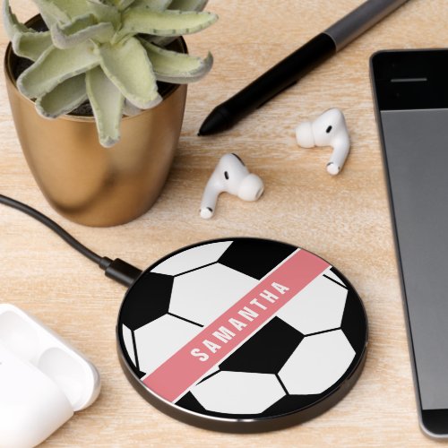 Modern Chic Soccer Ball Girly Pink Sports Monogram Wireless Charger