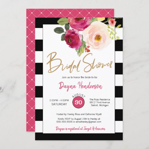 Modern Chic Stripe with Pink Flowers Bridal Shower Invitation