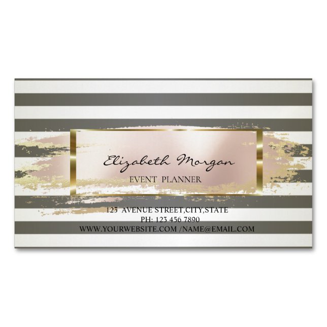 Modern Chic  Striped,Brush Stroke,Gold Frame Business Card Magnet (Front)