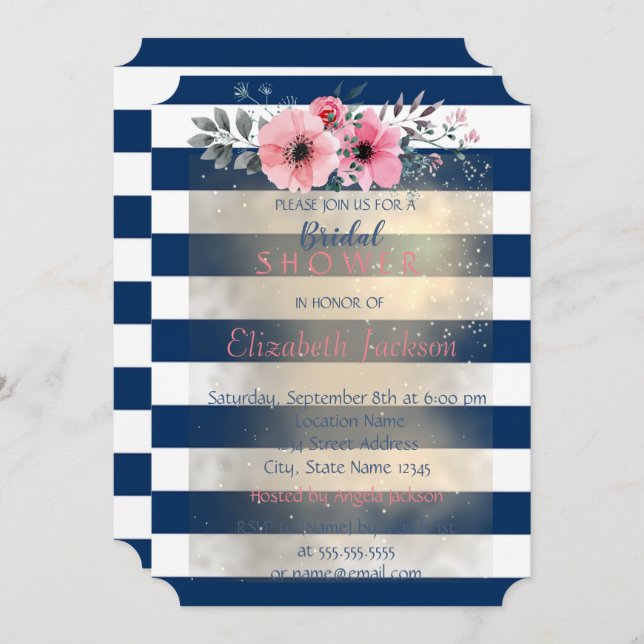 Modern Chic Striped Flowers Bridal Shower Invitation (Front/Back)