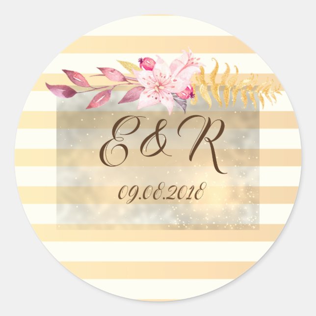 Modern Chic Striped Flowers Classic Round Sticker (Front)