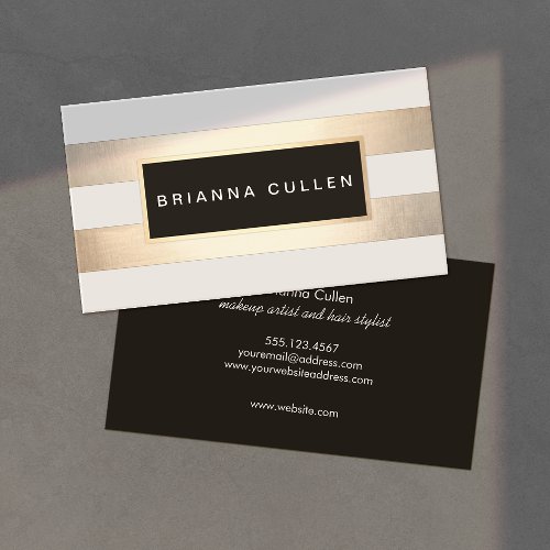 Modern Chic Striped Gold Foil image and Black Business Card