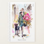 Modern Chic Stylish Woman Floral Dog Lover Planner<br><div class="desc">Planner with a modern, stylish woman walking with her dog and carrying a bouquet of flowers. Planner can be personalized with name and year, both in a san serif font in dark grey. Back of planner is a light pink shade with a spot for your favorite quote or text in...</div>