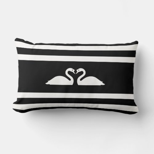 Modern chic swan couple on black  white striped lumbar pillow