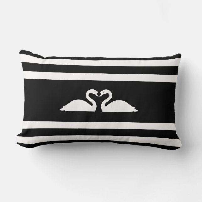 Modern chic swan couple on black & white striped lumbar pillow (Front)