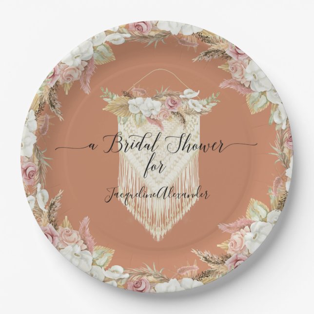 Modern Chic Terra Cotta Pink Floral Bridal Shower Paper Plates (Front)