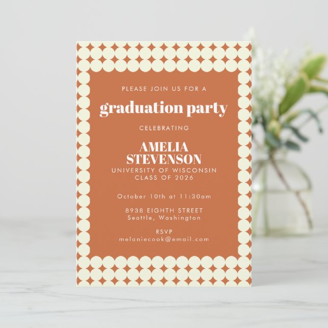 Modern Chic Terracotta Dots Graduation Party Invitation (Standing Front)