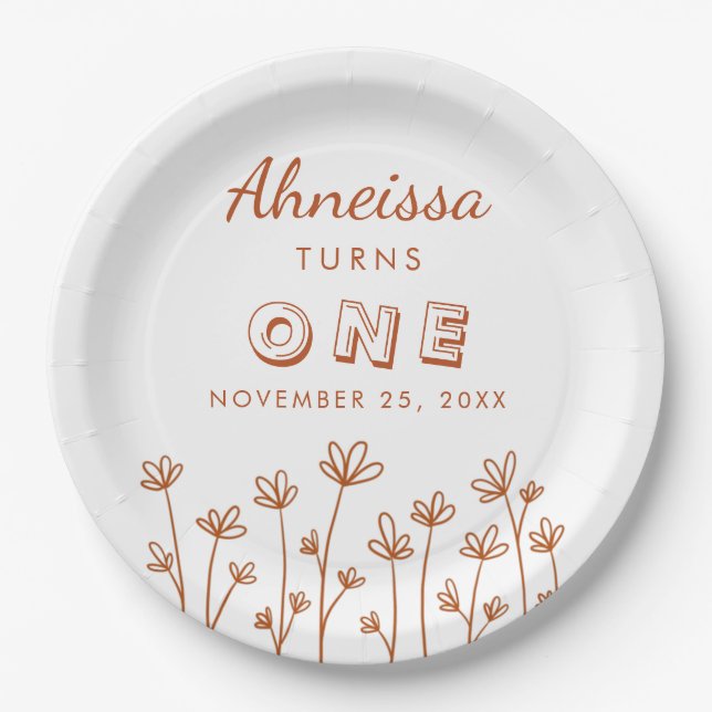 Modern Chic Terracotta Flowers First Birthday Paper Plates (Front)
