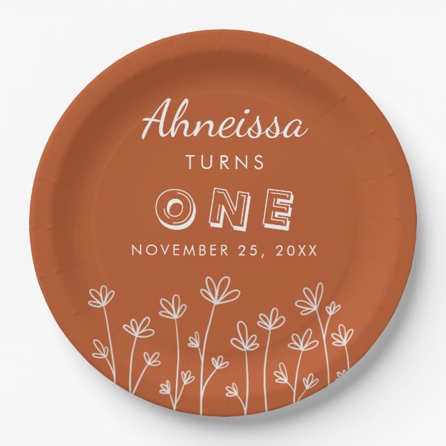 Modern Chic Terracotta Flowers First Birthday Paper Plates (Front)