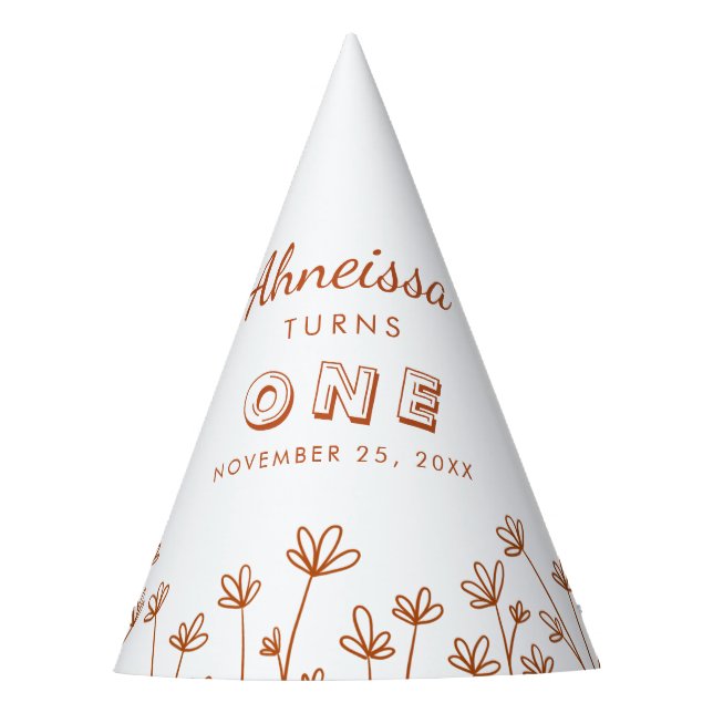 Modern Chic Terracotta Flowers First Birthday Party Hat (Front)