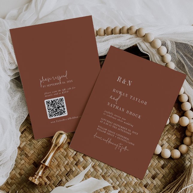 Modern Chic Terracotta Monogram QR Code Wedding Invitation (Creator Uploaded)