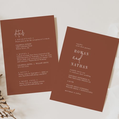 Modern Chic Terracotta Rust All In One Wedding Invitation