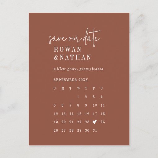 Modern Chic Terracotta Rust Calendar Save the Date Invitation Postcard ...