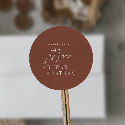 Modern Chic Terracotta Rust Just Love Wedding Classic Round Sticker